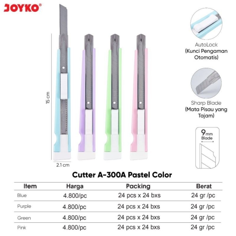 

Cutter JOYKO A-300A PASTEL COLOR Autolock / Cutter Pemotong Kertas Kecil 9 mm A 300 A