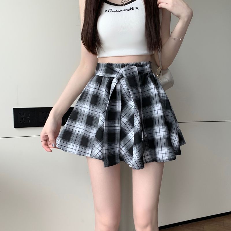 NEW PROMO S-2XL Rok Pendek Pinggang Tinggi Ala Korea Rok Pendek Kemeja Kotak-kotak Rok Pendek Tidak