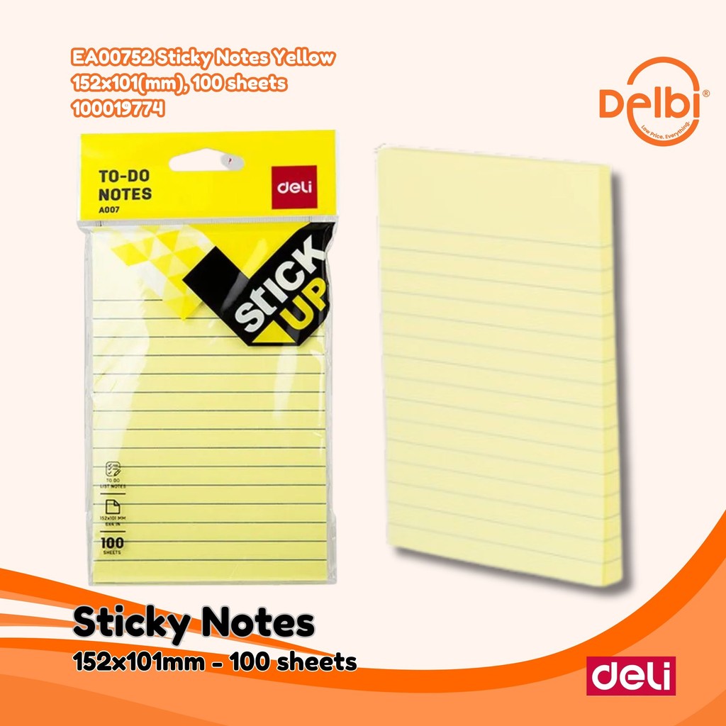 

Deli Notes to do list 152x101mm/ 100 Sheets perekat kuat tahan lama warna neon eye catching EA00752 ticky Notes Yellow 152x101(mm), 100 sheets
