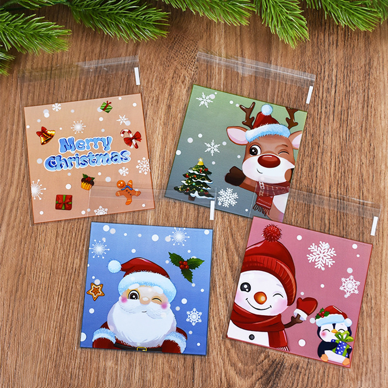 

100pcs Christmas Candy Cookie Bag Santa Claus Biscuit Gift Self Adhesive Packaging Bag 2024 Noel Xmas Party Decor New Year 2025