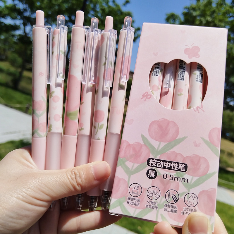 

6pcs Pink Tulip Gel Pen 0.5mm Black Ink Kawaii Pen Set School Supplies Aesthetic Stationery Elegant Pens