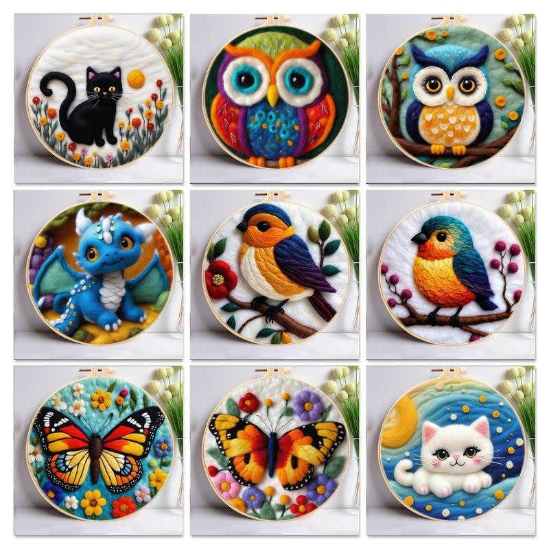 

20x20cm Needle Felting Painting With Frame Owl Butterfly Dragon Painting Wool Felting Kit for Adult Beginners DIY Handicraft
