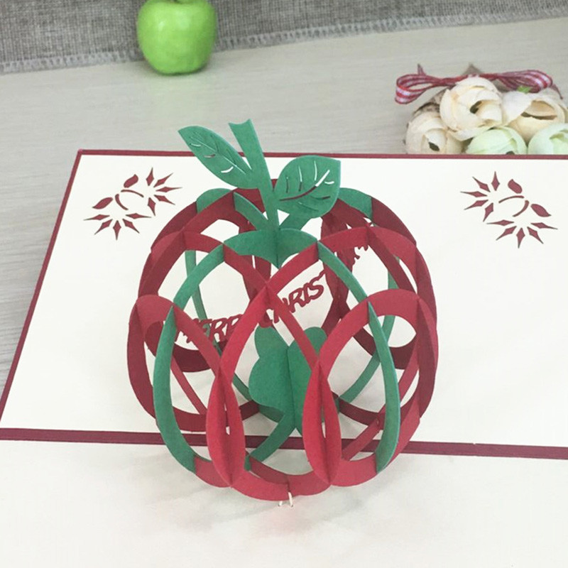 

1pcs Green Christmas Apple 3D Laser Cut Pop Up Paper Handmade Postcard Custom Xmas Greeting Cards With Envelope Gifts For Lover