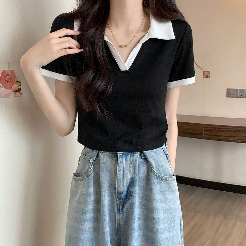 PEACHIE | BJ1245 Tshirt Baju Atasan Wanita Lengan Pendek Kaos Model Kerah V CropTop Fashion korean