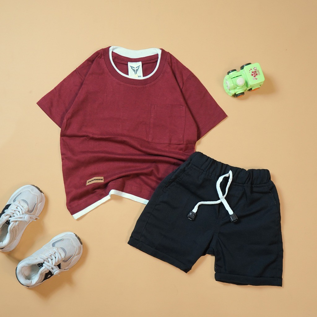 BRAVEKIDS - SETELAN KAOS POCKET TWO LAYER POLOS DAN CELANA BROADSHORT COTTON COMBED 24S Fashion