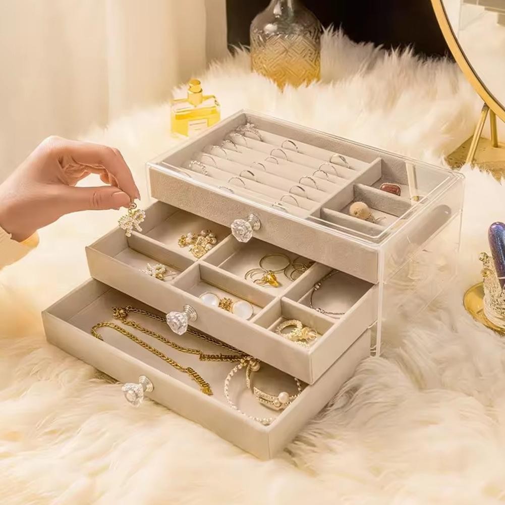 

1 Piece Of High-capacity Three-layer Flannel Jewelry Box Drawer Jewelry Box Storage Earrings Necklace