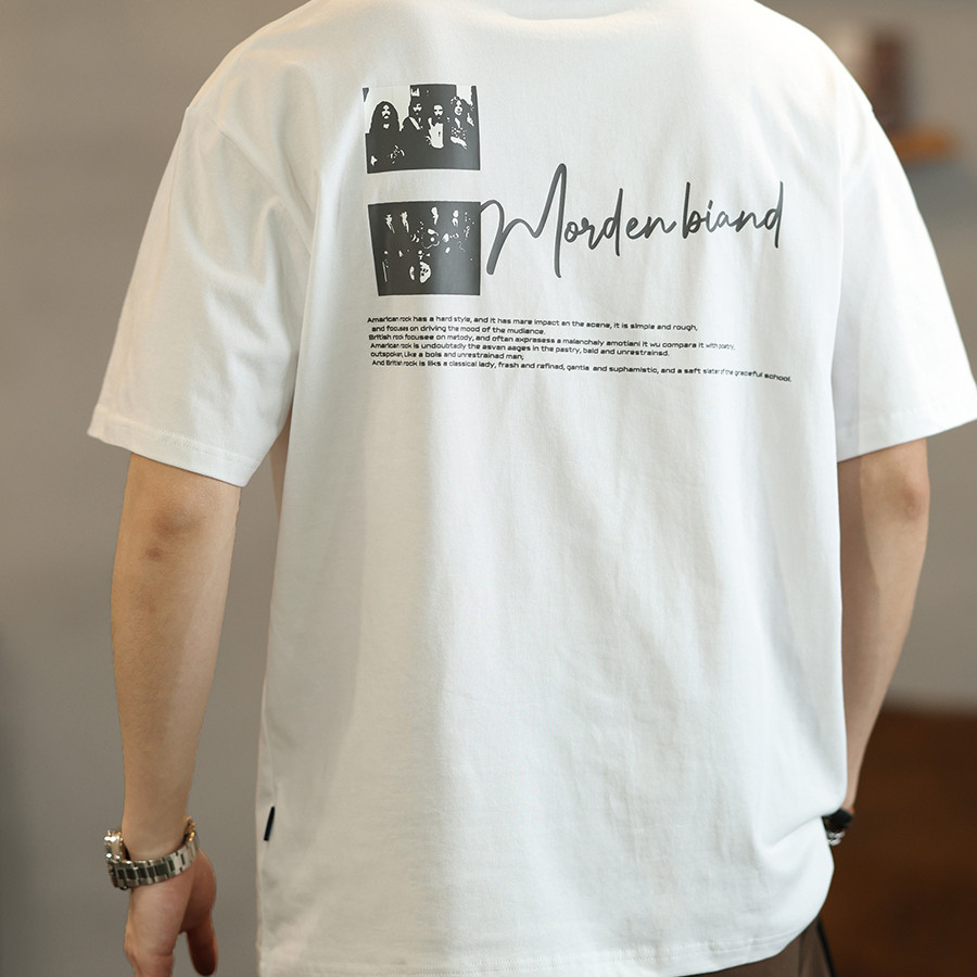 Pria, leher bulat, T-shirt putih, dicetak, musim panas, merek, longgar, nyaman, gaya Amerika, pinggu
