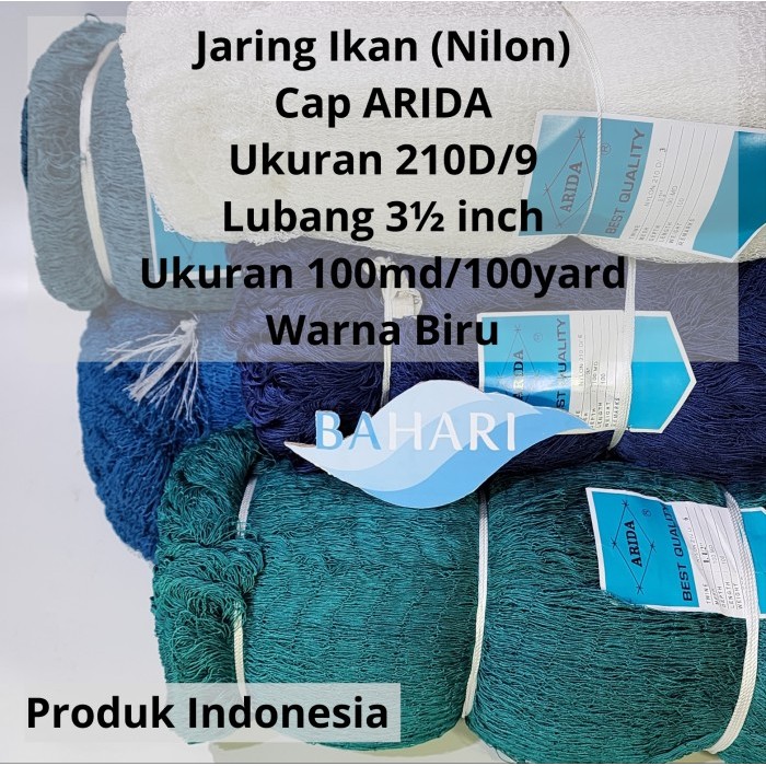 Jaring Ikan Arida Nilon 210D/9 lubang 3" ukuran jaring 100/100yard, 140/100meter, 400/100yard (Nylon
