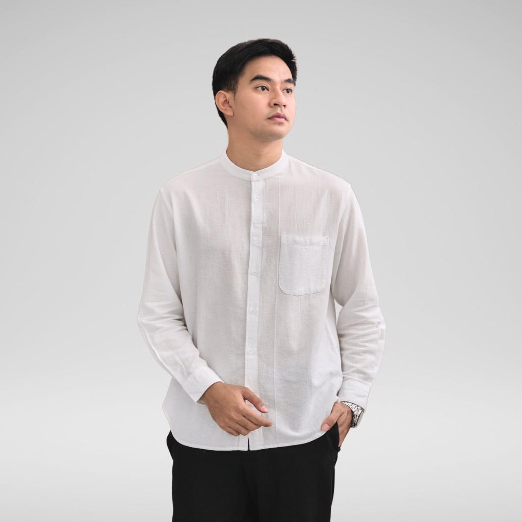 DIVSOUTH Kemeja Linen Putih Kemeja Panjang Pria Kerah Sanghai Koko Collarless Casual Premium