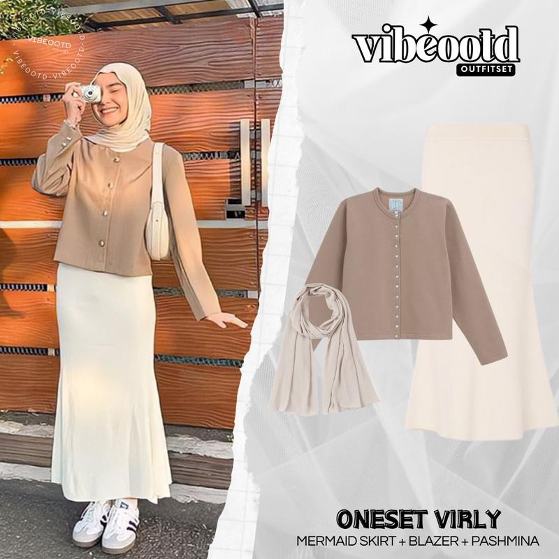 Virly Outfit Set Wanita Hijab ( Bawahan Mermaid Skirt Panjang + Atasan Outer Blazer Kancing + Pashmi