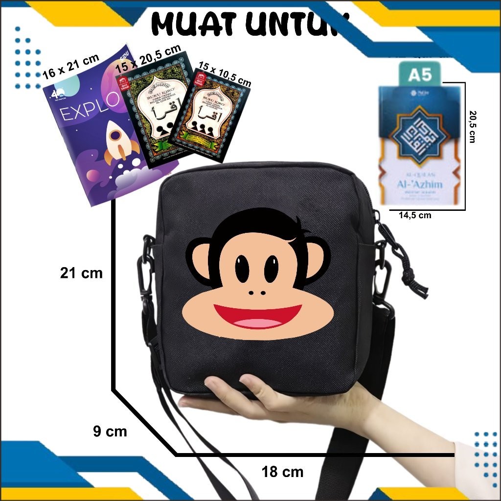 MY Tas Anak Selempang Paul Frank Monkey Cocok Untuk Sekolah dan Mengaji Unisex Fashion Kids 14 A5