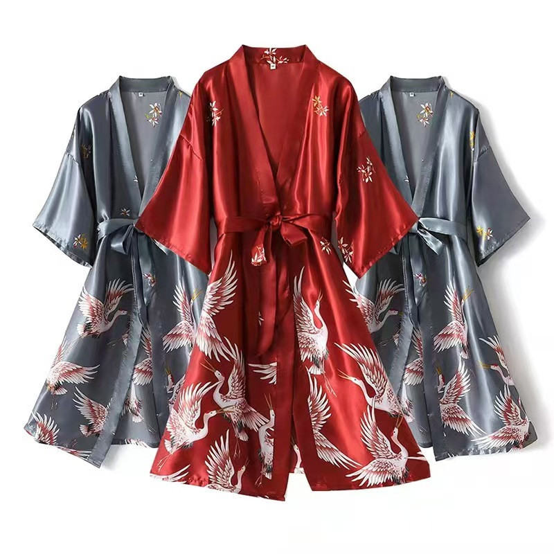 Piyama kimono wanita merah/ Set kimono/Kimono motif burung bangau