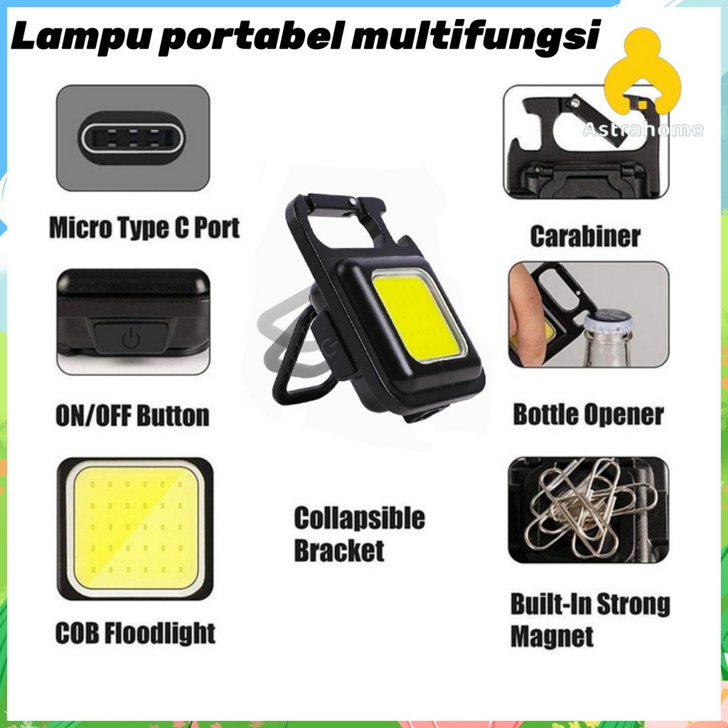 Senter Mini LED COB Gantungan Kunci Besi Lampu Kecil Keychain Camping Alumunium Cas USB Type-C