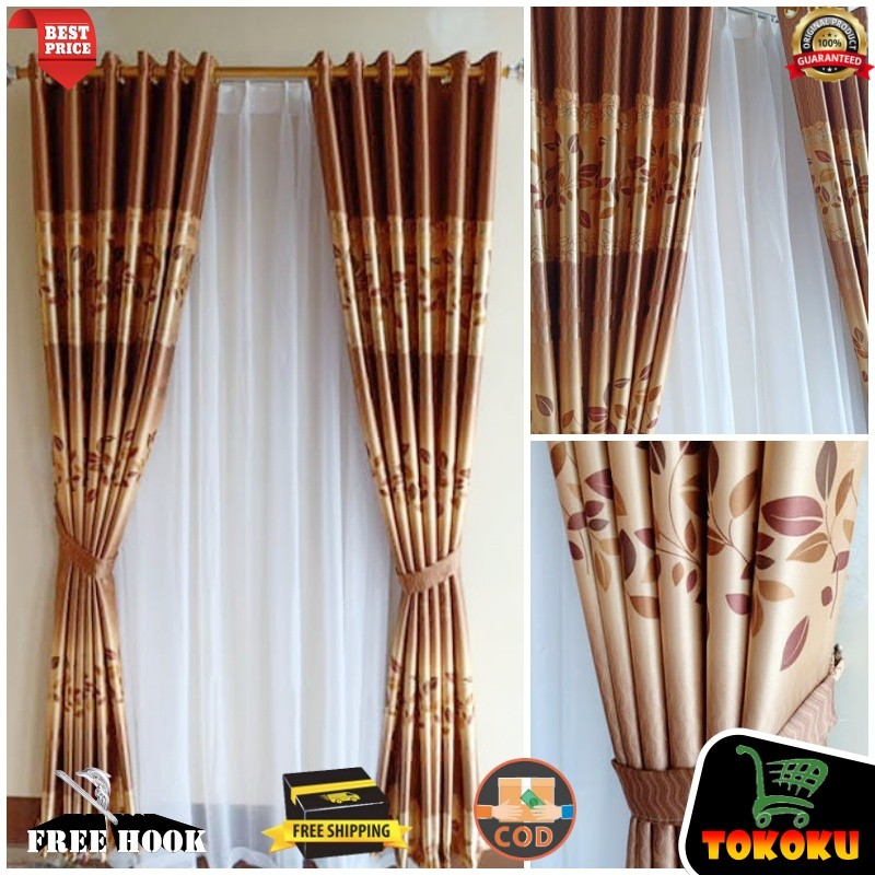 Gorden Jendela 2 Kaca Kamar Tidur Material Blackout import Mewah Tebal Motif Daun Model Smokring