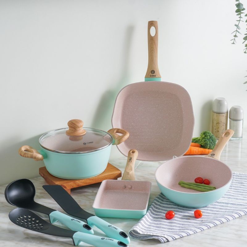 ECERAN CYPRUZ Panci Marble Pink Series Wooden Cookware Grill Pan Pink 24cm Wajan Tamagoyaki Fry Wok 