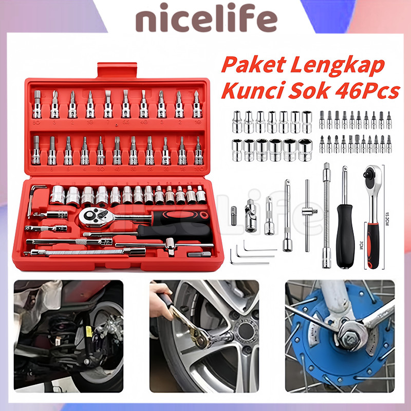 46 PCS Socket Set Kunci Socket Kunci Shock Set / Tool Kit Pas Ring L Motor Mobil