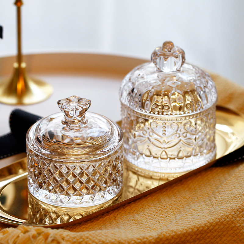 

Crystal Roman Glass Jar Exquisite Embossed Small Candy Jar Wedding Festive Makeup Jewelry Storage Storage Jar Home Decoration