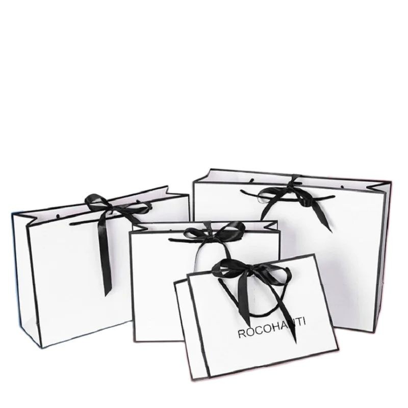 

50pcs Custom Your Own Logo Small Business Packaging Black Trim White Paper shopping Gift Bags With Hole for Tying String Bowknot