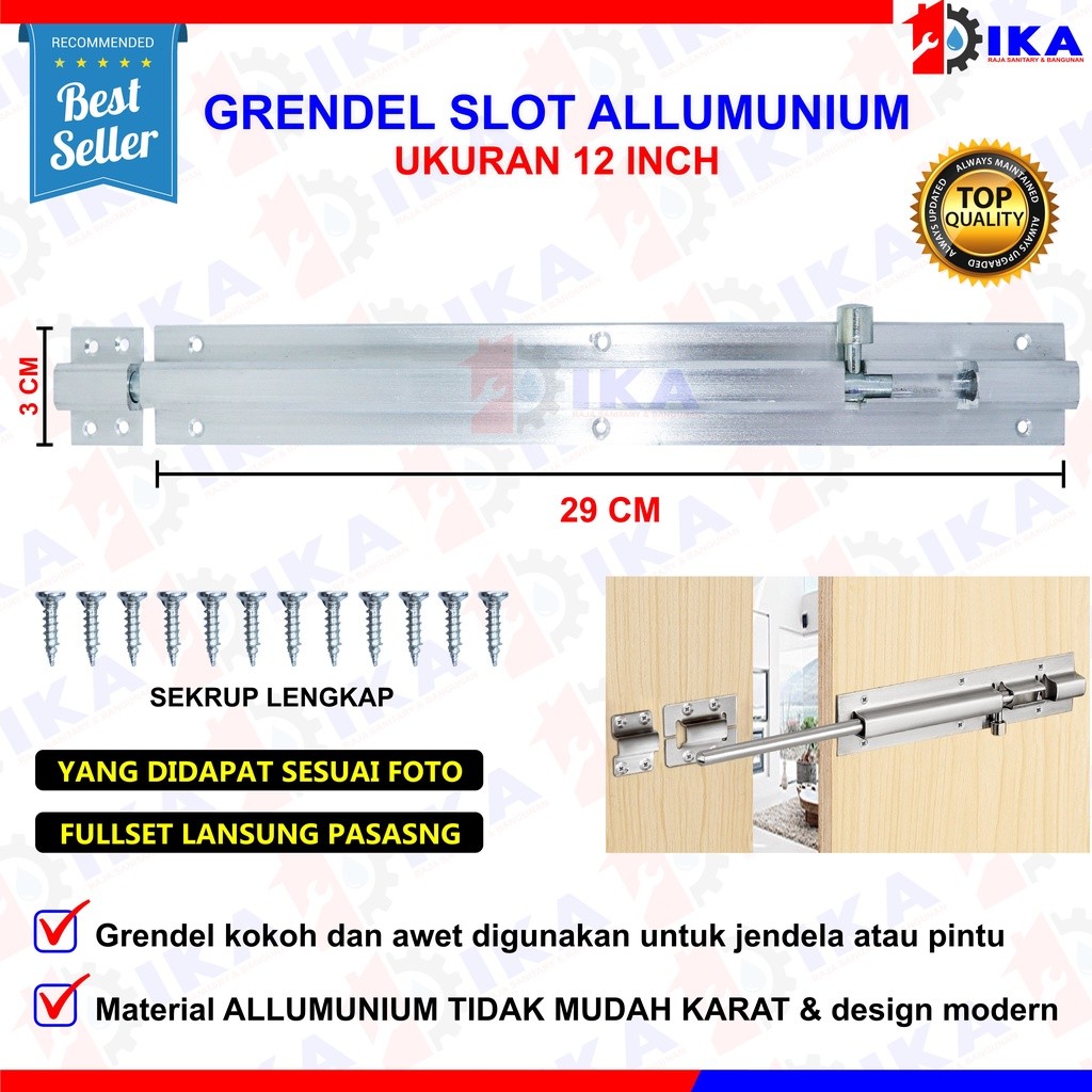 Grendel / Slot 12 inch panjang 25 cm KUALITAS TEBAL ALUMUNIUM ANTI KARAT / kunci pintu gerbang