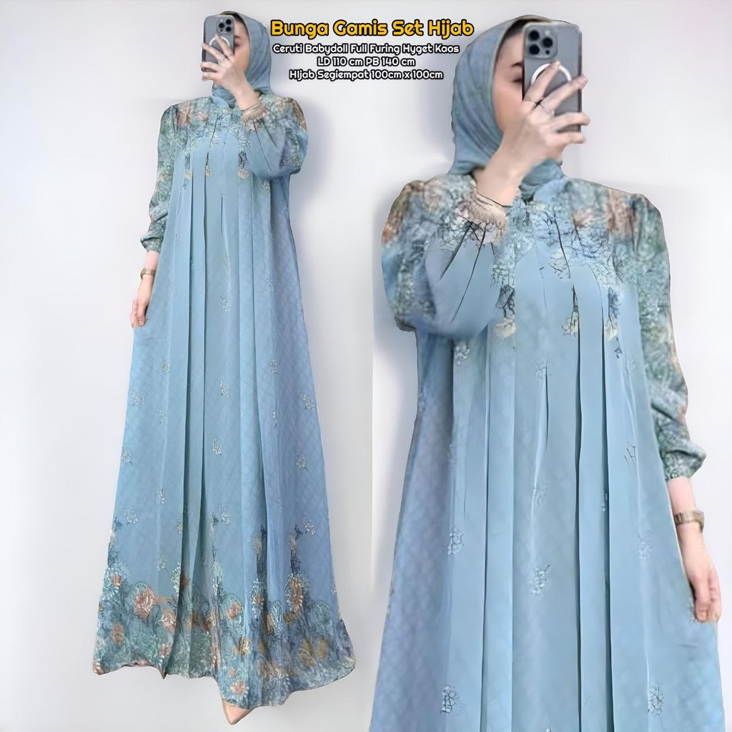 Bunga Gamis Set Hijab - One Set Wanita Kekinian Ceruti Babydoll Setelan Wanita Hijab Segiempat Motif