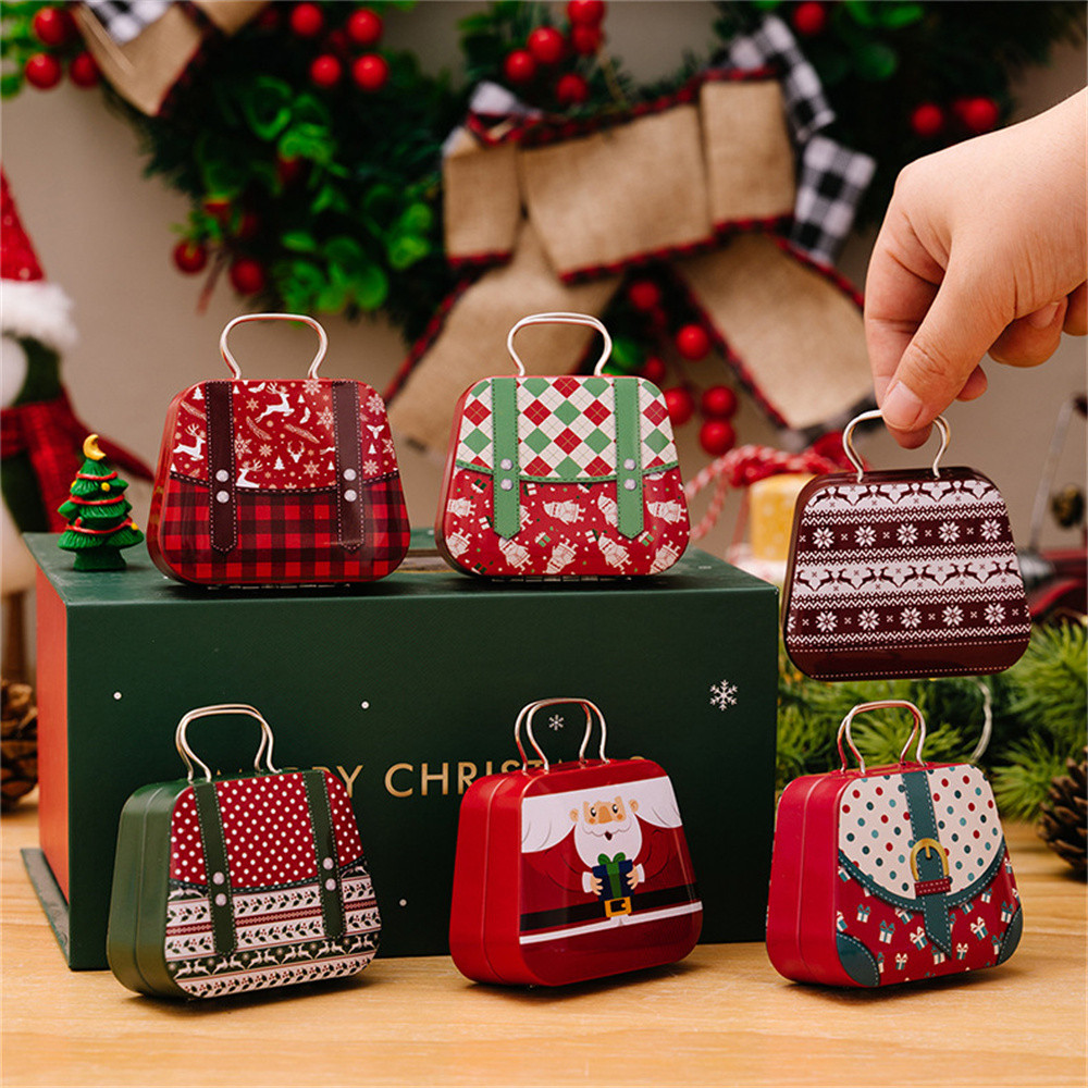 

Christmas Decoration 2024 Metal Box Handbag Shape Tin Jar Jewelry Storage Case Kids Gift Can Storage Boxes Xms Party Decors