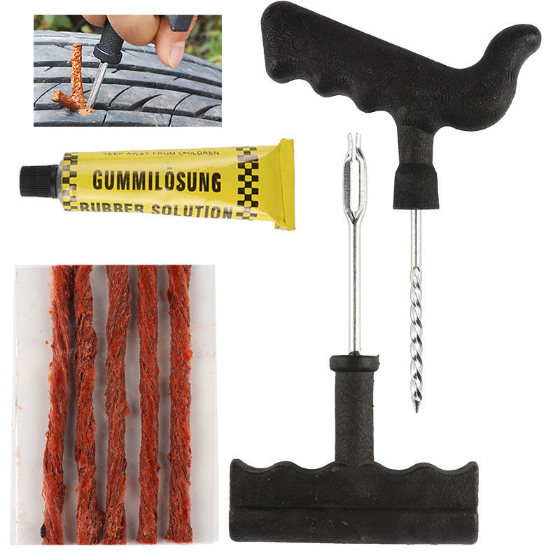 Paket perbaikan ban mobil dengan tali karet, plunger puncture screw ban tanpa tabung, cocok untuk tr