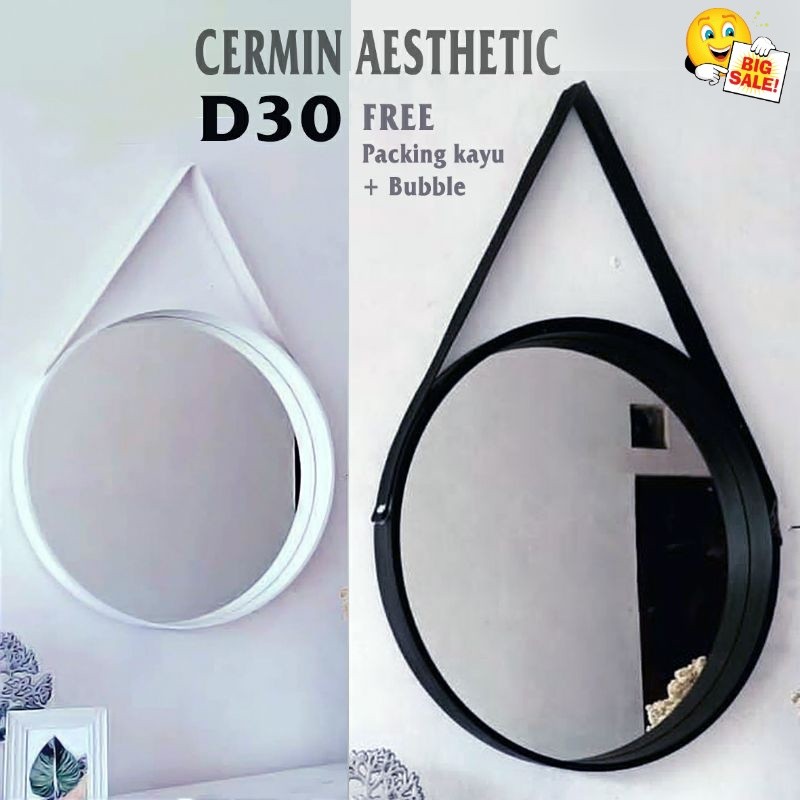 Cermin Bulat Aesthetic / Kaca Cermin Frameless Gantung Tali