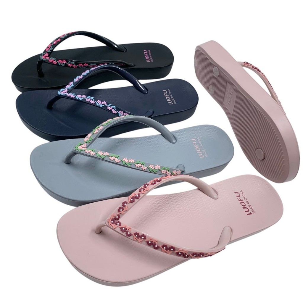 Luofu Sandal Jepit Karet Tali Bunga Empuk Wanita Import E7140-BRE131 (V6)