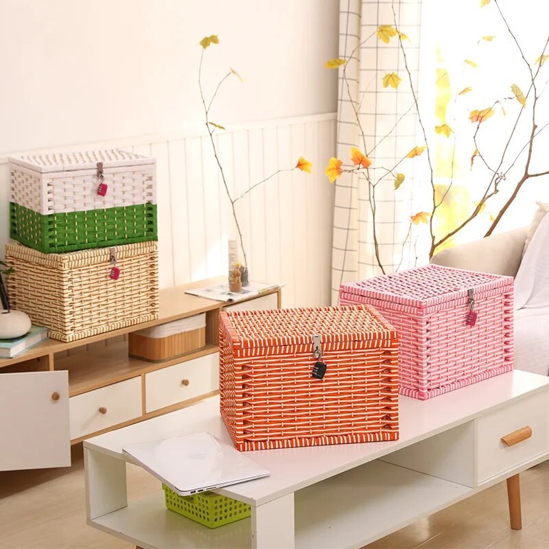 Paper Rope Woven Cover Combination Lock Storage Box Wholesale under Bed Storage Box Dormitory Storag