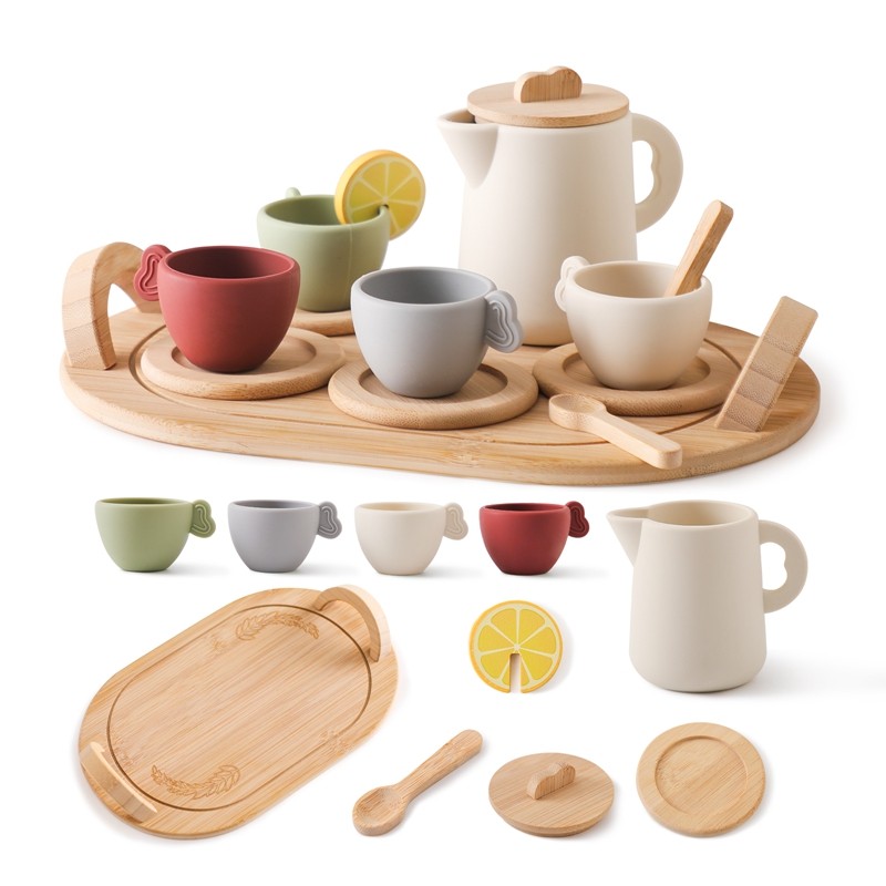 

Wooden Children Montessori Toy Teapot Teacup Simulation Kitchen Utensil BPA Free Silicone Kid Education Pretend Play Toy Gift