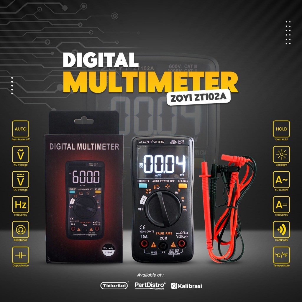 MULTITESTER ZOYI ZT102A Mendukung pengukuran arus hingga 10A.
