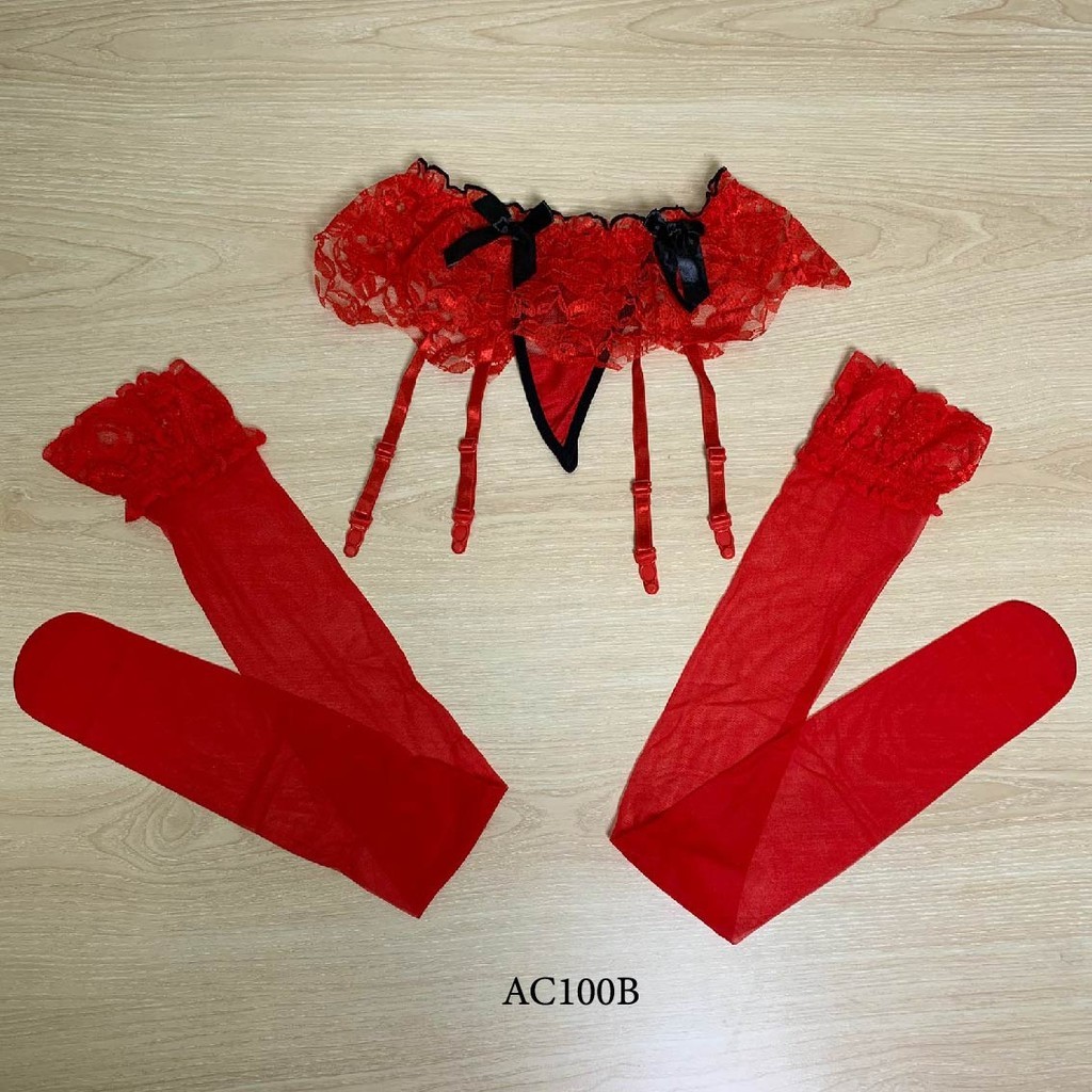Stocking Garter Belt Set Stocking Jaring Merah Lace Renda Premium Ac100B