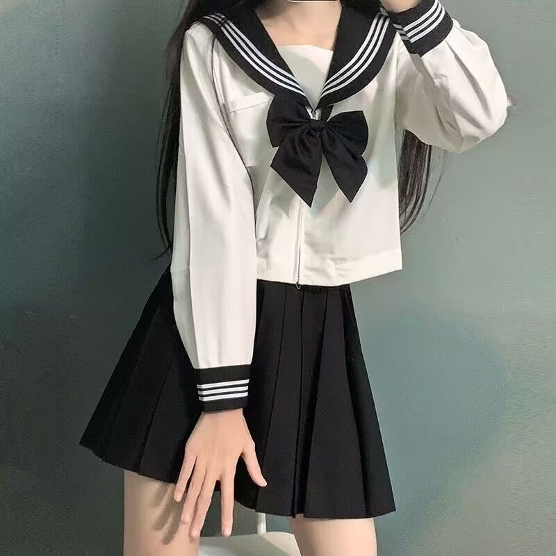 Japanese School Uniform Girls Plus Size Jk Suit Black Tie White Three Basic Sailor Uniform Women Lon