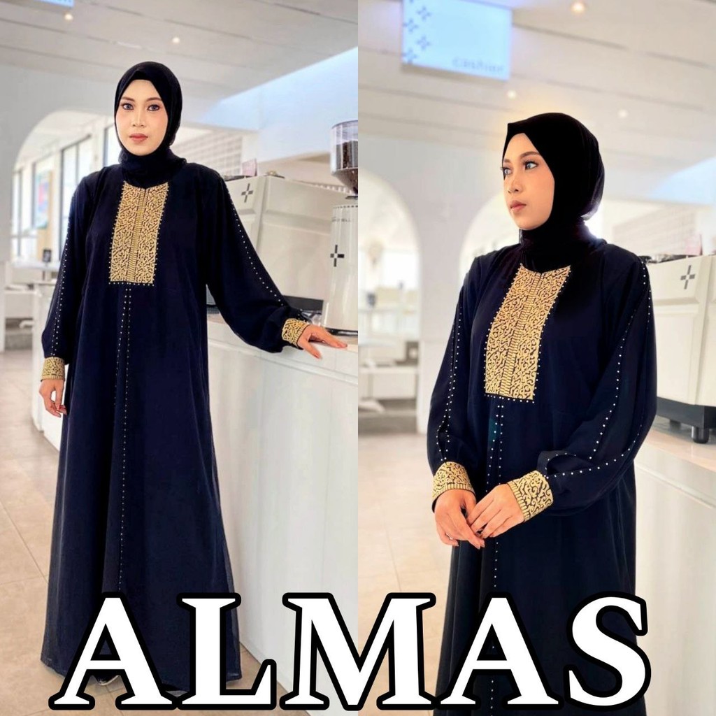 Abaya Hitam Gamis Saudi Bordir Sifon Maxy Swarovski Jetblack Premium Couple - ALMAS