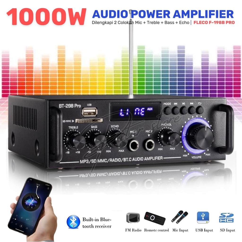 FLECO BT-198B PRO Audio Amplifier Bluetooth 5.0 HiFi Stereo AMP Speaker Max 1000W Output Mini Digita