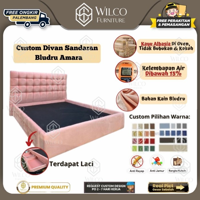 Custom Divan Sandaran Bludru Amara | Divan Sandaran Laci Bludru | Divan 2 Laci Serbaguna - 90x200