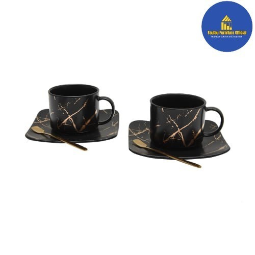 BEST QUALITY 1Set 2pcs Gelas Mug dg Tatakan Mewah Motif Klasik Hitam Emas 220ml