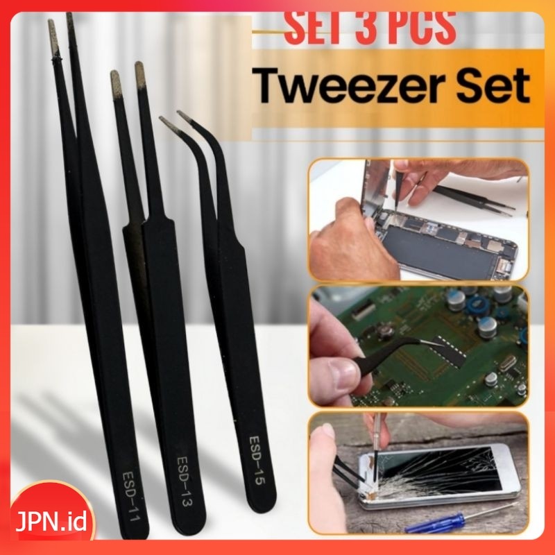 Set 3 Pcs Pinset Penjepit Komponen Elektronik Tweezers - JPN