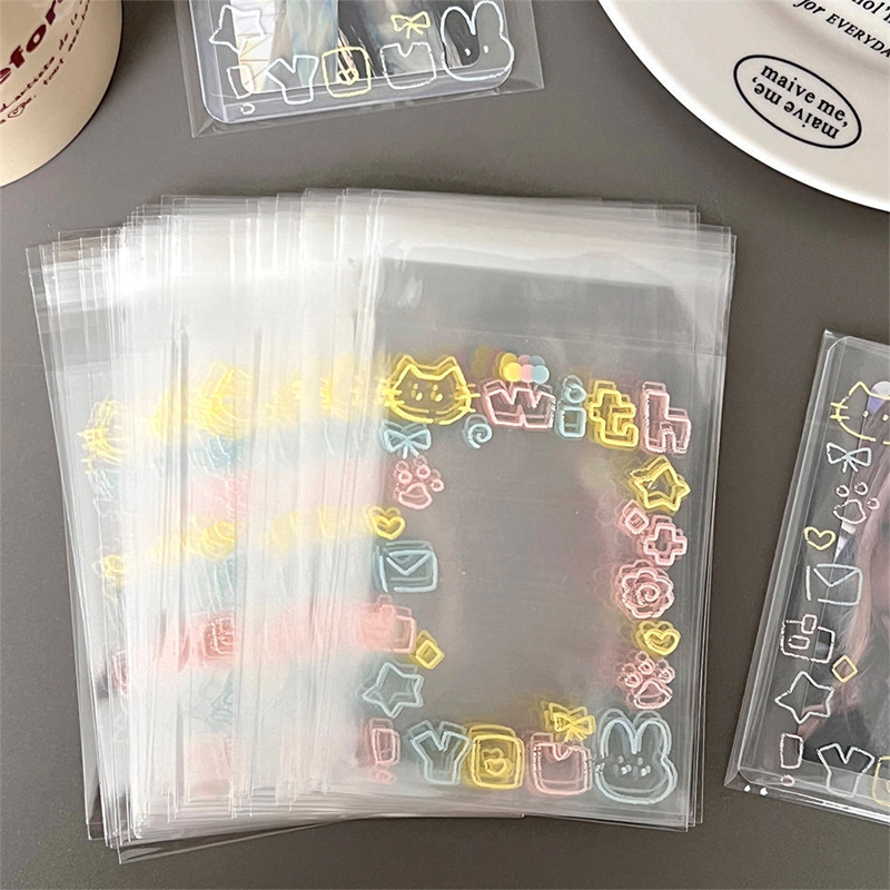 

100Pcs Cartoon Graffiti Kitten Self-Adhesive Bags Candy Food Packaging Card Gift Bag Small Self Sealing Bag Transparent Opp Bag