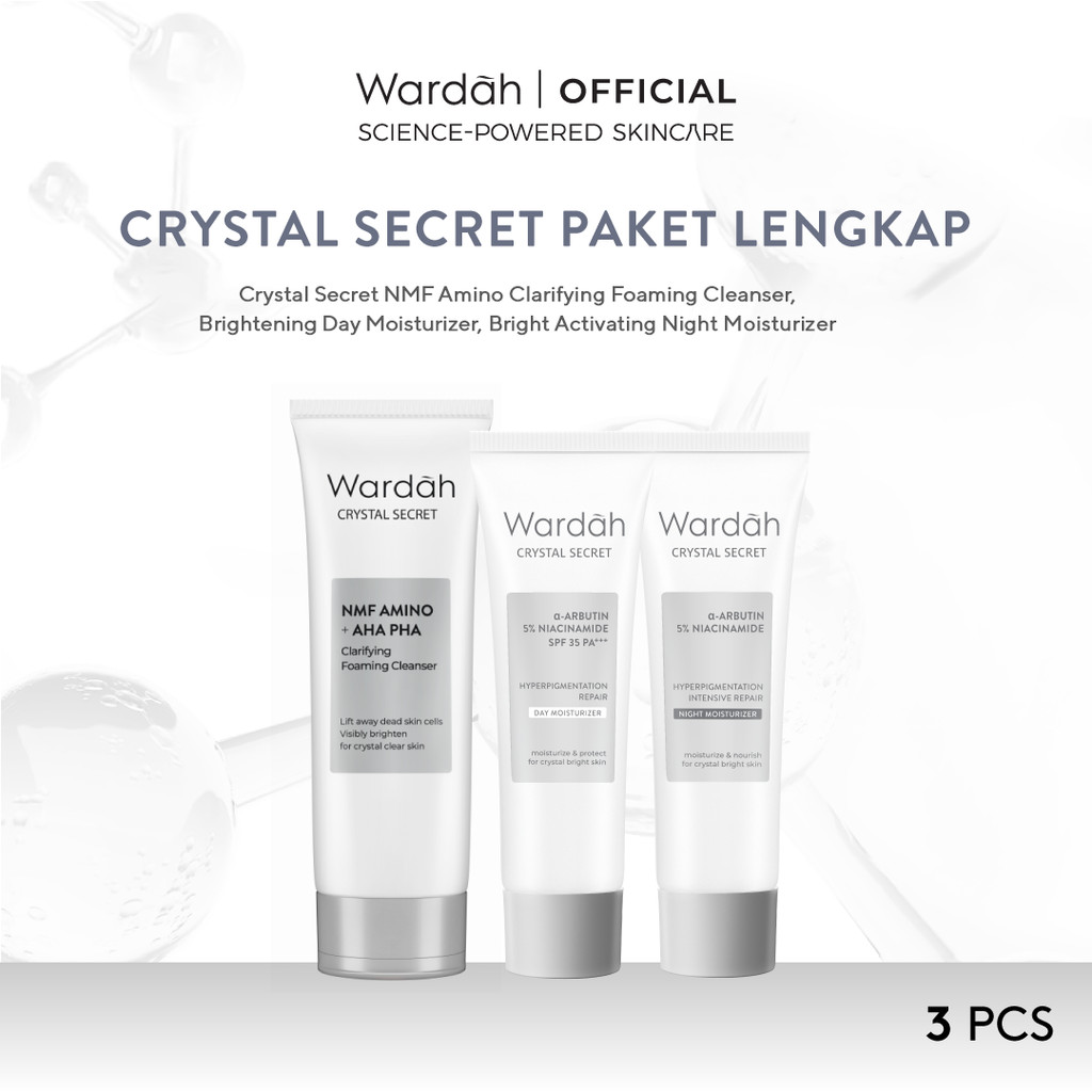 WARDAH Paket Crystal Secret Lengkap - NMF Amino + AHA PHA Clarifying Foaming Cleanser 100 ml, a-Arbu