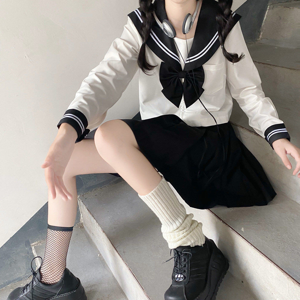 Japanese School Girl Uniform JK Black Sailor Basic Cartoon Navy Sailor Uniform Sets Navy Costume Wom