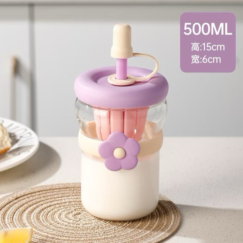 (TOS) Botol Kaca sedotan Bunga premium / cangkir kaca unik motif flower