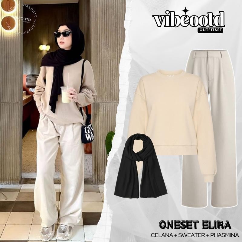 Elira Outfit Set Wanita Hijab ( Bawahan Celana Kulot Loose Pants Trousers Highwaist + Atasan Kaos Ri