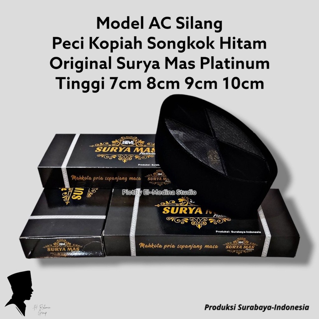 PECI SANTRI SALAFY Peci Kopiah Hitam Polos AC Silang Merk Suryamas Platinum Tinggi 7cm 8cm 9cm 10cm 