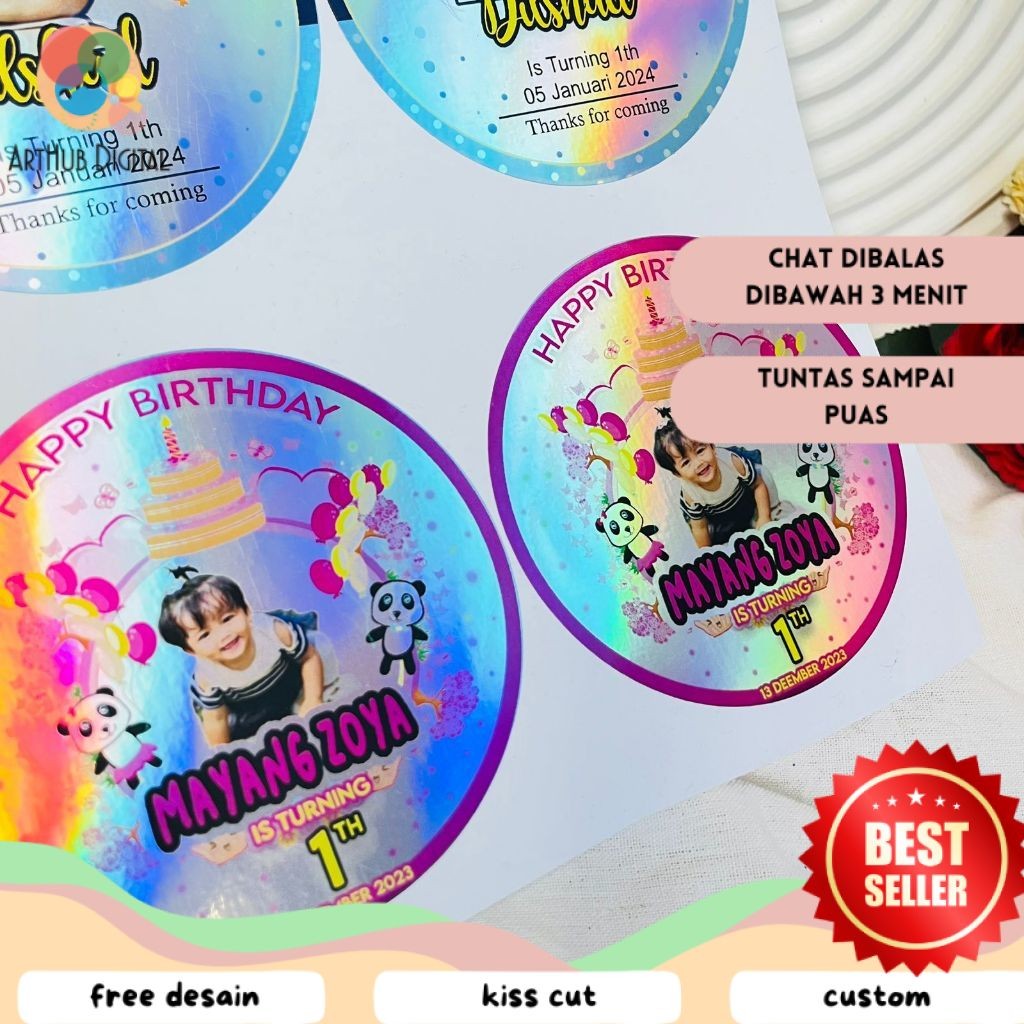 

AHD 2-4 Stiker Hologram Ulang Tahun Anak Bentuk Bulat Label Ultah Sticker Undangan Happy Birthday