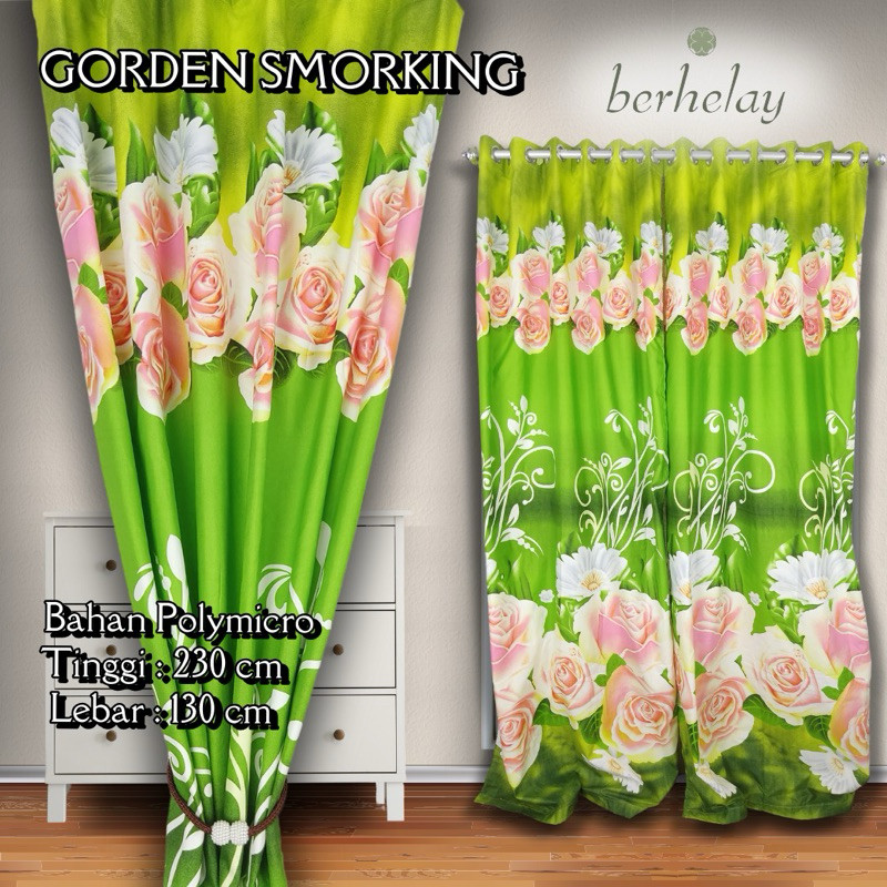 KLIMAUSHOP Gorden Smokring Polymicro Pintu Atau Jendela Motif Bunga Mawar Pink Hijau