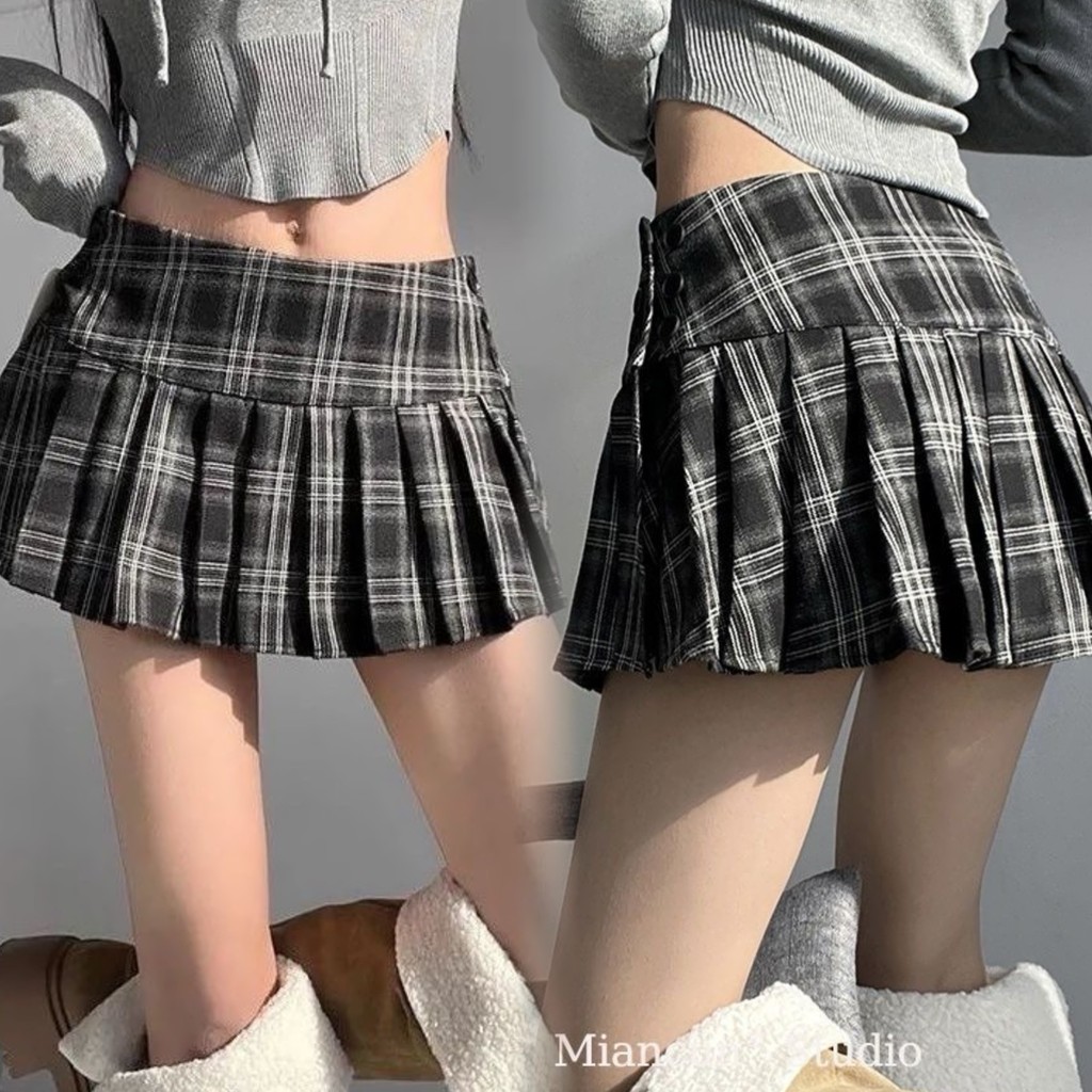 Rok Pendek Lipit Bergaris Pinggang Tinggi Wanita Korea Rok Lipit A-line Ramping Terbaru