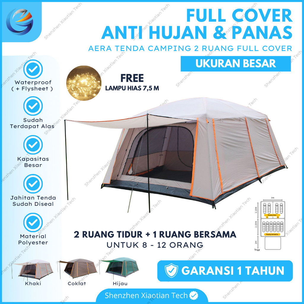 Tenda Camping 2 Ruang Full Cover Besar 8-12 Orang Waterproof | Tenda Camping Keluarga Anti UV | Tend