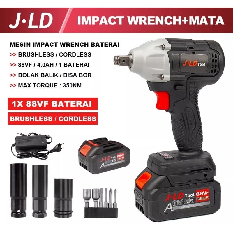 JLD Mesin Bor 1 Baterai Tool 48S Cordless Impact Wrench Brushless Baterai 88V Fullset