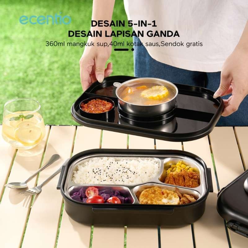 ecentio 4 Sekat Kotak Makan Set 1100ml anti tumpah Lunch Box Set Stainless sendok free tempat sup